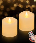 Realistic 3 Inch Flameless Candles Set of 2 with Remote Flicker That Feels Real, glowing with festive background and remote held
