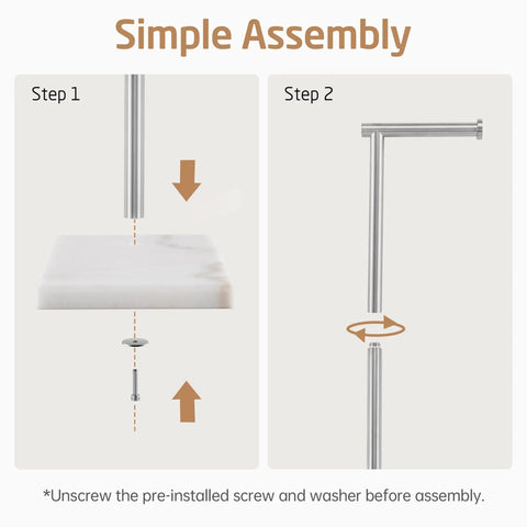 Assembly steps for Natural Marble Toilet Paper Holder Stand Freestanding Stainless Steel showing marble base and brushed finish parts.
