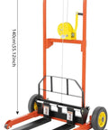 Heavy Duty Hydraulic Material Lift Stacker With 330 Lb Capacity And 40 Inch Raise, Adjustable Fork Pallet Dolly dimensions display.