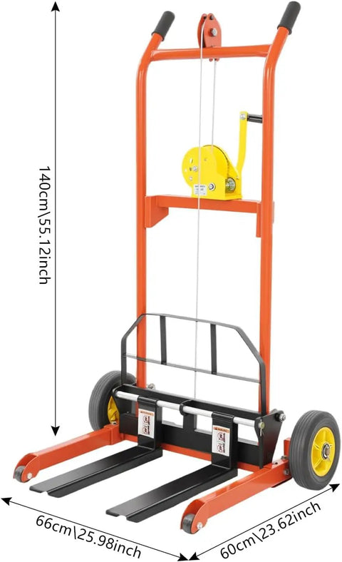 Heavy Duty Hydraulic Material Lift Stacker With 330 Lb Capacity And 40 Inch Raise, Adjustable Fork Pallet Dolly dimensions display.