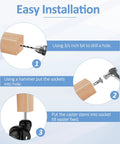 Front-view installation infographic for 2-inch ball caster wheels (4-pack, black): drill, hammer, insert stem.