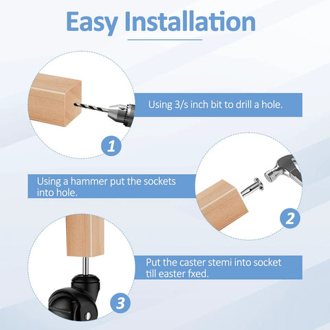 Front-view installation infographic for 2-inch ball caster wheels (4-pack, black): drill, hammer, insert stem.