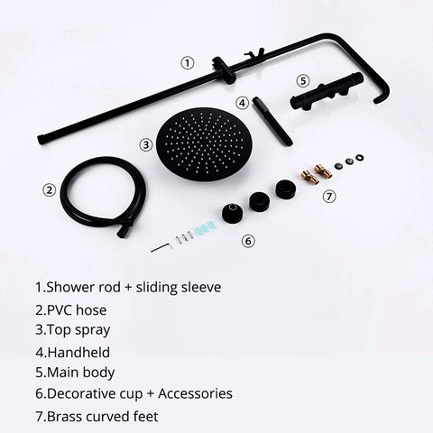 Components of Rock Solid Matte Black Rainfall Shower Head System With Easy Thermostatic Temp Control and Heavy Duty Brass Handheld Spray