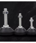 Four Pack Adjustable Leveling Feet Swivel Base Furniture Pads with M8 M10 threaded steel bases and rubber pads.