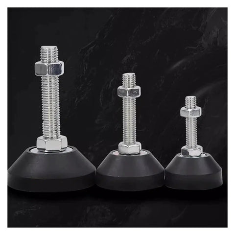 Four Pack Adjustable Leveling Feet Swivel Base Furniture Pads with M8 M10 threaded steel bases and rubber pads.