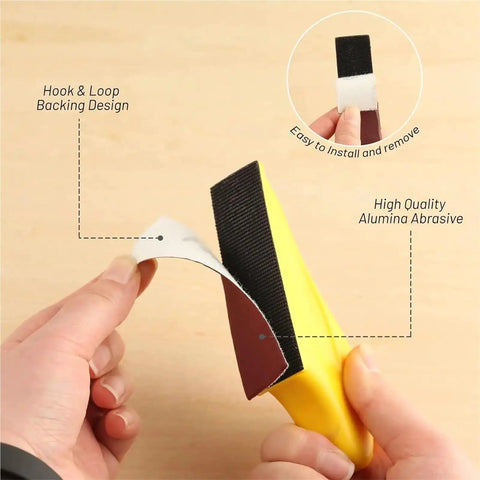 Kickin' It With 150pcs Premium Aluminum Oxide Sandpaper For Micro Sander Fine Polishing Sheets Wet Dry Use Hand Polisher Woodworking Trim Custom Cuts showing flexible hook and loop backing design for easy attachment.