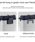 Top Shelf Electric 58mm Portafilter Cleaner With Built In Knock Box And Spill Tray, showing hook and adhesive options for easy mounting.