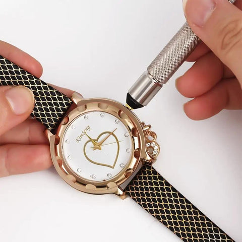 Using Silver Watch Crown Winder 3-4.5mm on a gold watch, demonstrating precise adjustment for professional repair.