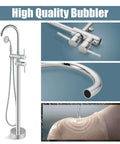 Floor Mount Bath Tub Faucet Freestanding Tub Filler With High Flow Shower And 360 Degree Swivel Spout Handheld Shower All Metal Solid Brass Chrome Finish Rust Resistant Durable Vintage Style with bubbler components and handheld shower.