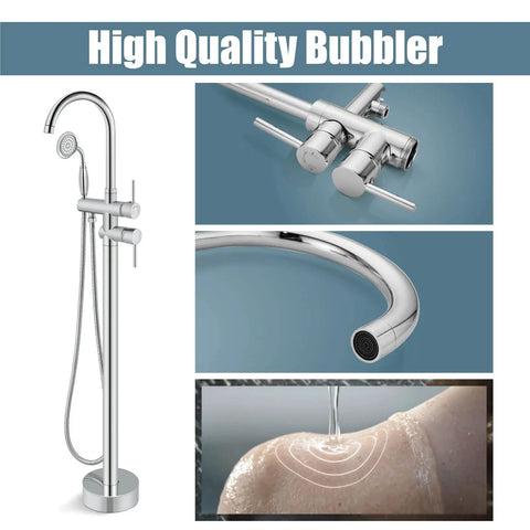 Floor Mount Bath Tub Faucet Freestanding Tub Filler With High Flow Shower And 360 Degree Swivel Spout Handheld Shower All Metal Solid Brass Chrome Finish Rust Resistant Durable Vintage Style with bubbler components and handheld shower.
