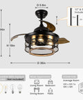 36 Inch Farmhouse Ceiling Fan With Lights, Dope Retractable Cage Blades, Black Industrial Style, Diagram of Dimensions