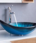 Modern Oval Glass Vessel Sink With Blue Line Stripes, Slick Countertop Washbasin Built On Badass Toughened Glass, showing water flow.