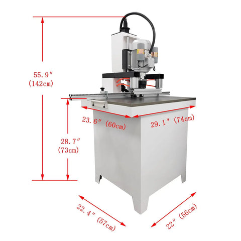 Pneumatic Hinge Boring Drill Press For Woodworking 48-6 Dual Function Electric Drill with dimensions in a workshop setup.