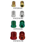 Eight-piece set of 3/16in brake-line fittings in gold, silver, green, and red finishes; includes 3/8-24, 7/16-24, 1/2-20, 9/16-18 threads