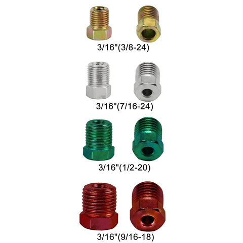 Eight-piece set of 3/16in brake-line fittings in gold, silver, green, and red finishes; includes 3/8-24, 7/16-24, 1/2-20, 9/16-18 threads