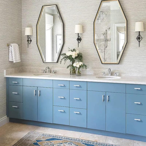 Stainless Steel Cabinet Handles 10 Pack With Satin Nickel Finish 4 Inch Overall Length And 2 1/2 Inch Hole Centers on blue vanity