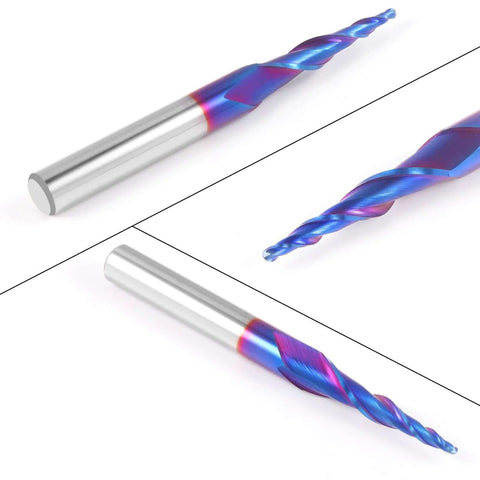 Two tapered ball-nose end mills, 1/4" shank, 1/16" tip with 1/32" radius, 5.4°, solid carbide CNC router bits for engraving