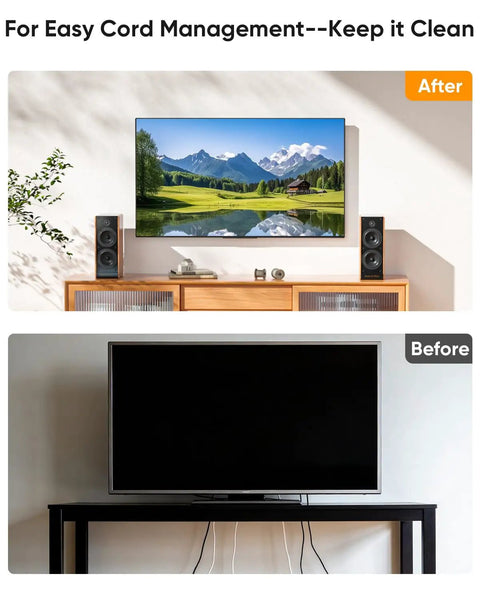 Before and after image showcasing Slick Flexible Rubber Wall Grommet Kit For Hassle Free Low Voltage Cable Routing Behind TV And Game Console.