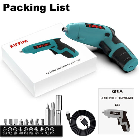 Compact 4V Cordless Screwdriver With Rechargeable Battery 11 Piece Bit Set LED Front Light And Power Display in packaging.