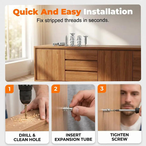 Heavy Duty 6X14MM Short Expansion Screw Set Rock Solid Wall Anchors for Door Hinge installation process with tools.