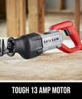 Beastly Power 13 Amp Corded Reciprocating Saw with Buzzkill Technology on wood surface in workshop