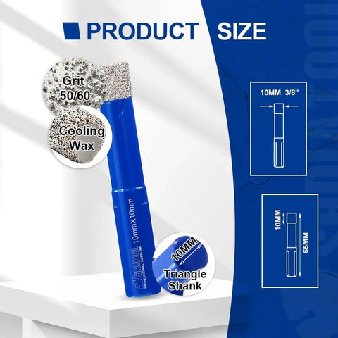 Front view of SHDIATOOL 5-piece diamond core drill bits, 10 mm (3/8 in), for porcelain tile and stone; triangle shank.
