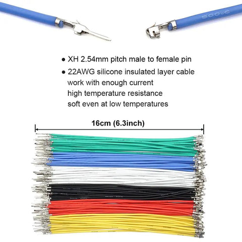 22AWG silicone cables showing 2.54mm pitch, pre-crimped ends for 2.54mm Pitch Connector Kit Compatible With XH Series Sockets And Plugs.