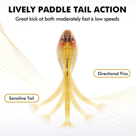 Shadtale Soft Fishing Lure With Bkk Hooks Trembly Sinking And Vibrating Paddle Tail Swimbait, showing lively paddle tail.