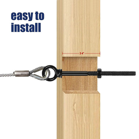 Heavy Duty Black Stainless Steel Eye Bolts With Nuts And Washers Set One Quarter Inch Thread Four Inch Mount Length Five Inch Total Length Shoulder Lifting Ring Five Pack With Drill Bit installed in wooden post.