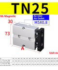 Top Tier Dual Rod Air Cylinder Pneumatic Actuator Featuring Guided Piston Construction For Rock Solid Linear Motion In Tough Industrial Setups Double Acting Design With 150 Mm Stroke And Wide Bore Range For Heavy Duty Shop Rigs. TN25 model shown with dimensions.
