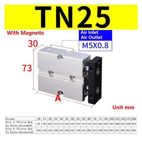 Top Tier Dual Rod Air Cylinder Pneumatic Actuator Featuring Guided Piston Construction For Rock Solid Linear Motion In Tough Industrial Setups Double Acting Design With 150 Mm Stroke And Wide Bore Range For Heavy Duty Shop Rigs. TN25 model shown with dimensions.