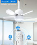 All-In-One Socket Fan Light Ceiling Fan With Remote, 16-Inch Ultra Quiet 5-Blade Fixture, showing dimensions and remote control.
