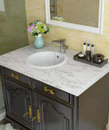 Bathroom vanity with Easy DIY Ultra Thick Grey White Marble Peel And Stick Wallpaper 160 X 36 Inch, waterproof, matte finish.