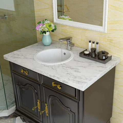 Bathroom vanity with Easy DIY Ultra Thick Grey White Marble Peel And Stick Wallpaper 160 X 36 Inch, waterproof, matte finish.