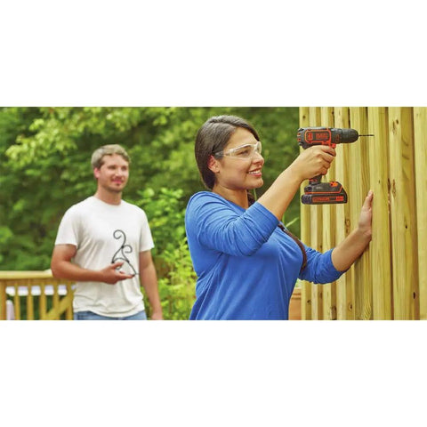 Person using a 20V Max Cordless Drill Driver Kit With Battery And Charger Includes Double Ended Bit Lightweight 3.15 Lbs 11 Position Clutch