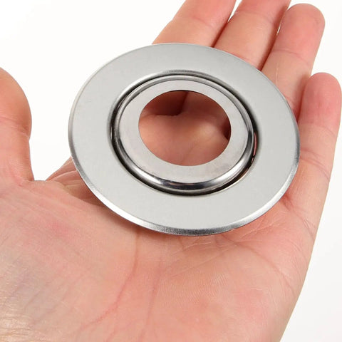 Top Shelf Adjustable Fire Sprinkler Cover Plates 10 Pack Double Layer Escutcheon Ceiling Kit in hand, silver finish.
