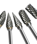 Double-cut carbide rotary burr set, five pieces on 1/8 inch shanks with 1/4 inch heads, tungsten steel