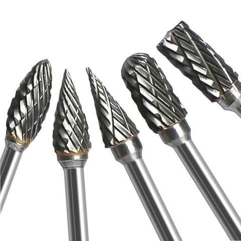 Double-cut carbide rotary burr set, five pieces on 1/8 inch shanks with 1/4 inch heads, tungsten steel