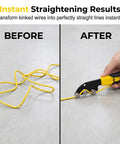 Heavy Duty Stainless Steel Cable Straightener Tool With Ergonomic Anti Slip Handle straightening yellow wire, before and after results.