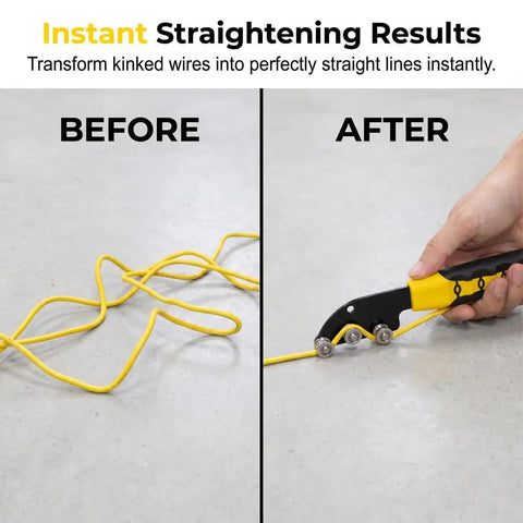 Heavy Duty Stainless Steel Cable Straightener Tool With Ergonomic Anti Slip Handle straightening yellow wire, before and after results.
