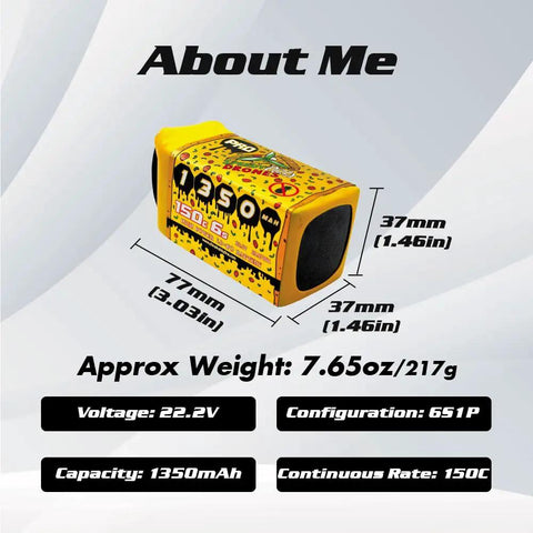 Speedy Pizza 1350mAh 6S LiPo Battery 22.2V 150C With XT60 Plug dimensions and specifications display
