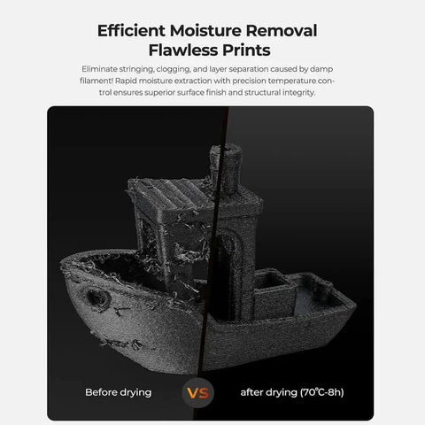 3D printed model showing before and after drying with Multi-Kilo Filament Dryer For 1kg To 5kg Spools, Heats Up To 70 Celsius.