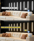 Linkable 15 Foot CCT COB LED Light Bar Kit With 12 Bars on wood slat wall with Alexa voice control in living room