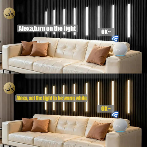 Linkable 15 Foot CCT COB LED Light Bar Kit With 12 Bars on wood slat wall with Alexa voice control in living room