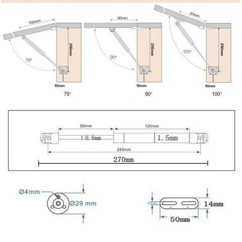 Detailed diagram showing installation angles and dimensions for Four Pack Heavy Duty Gas Hydraulic Struts Delivering Hella Smooth Operation.