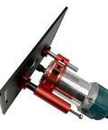 Precision Router Lift System With Aluminum Insert Plate And Wood Routing Base For Workbenches with red adjustment mechanism.