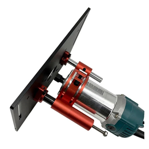 Precision Router Lift System With Aluminum Insert Plate And Wood Routing Base For Workbenches with red adjustment mechanism.