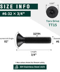 Size information for #6-32 x 3/4 inch black flat head security Torx screws 304 stainless steel with countersink angle.