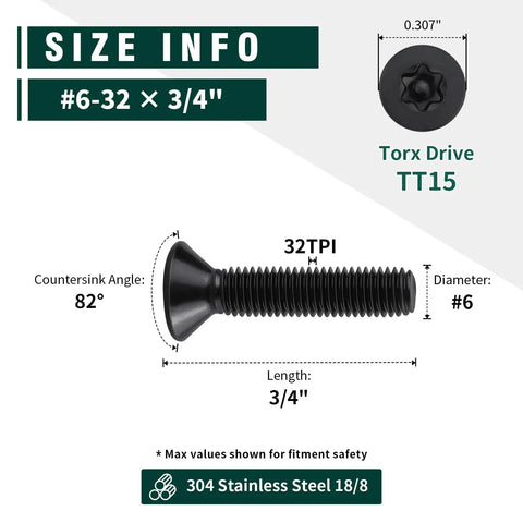 Size information for #6-32 x 3/4 inch black flat head security Torx screws 304 stainless steel with countersink angle.