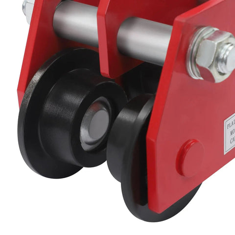 Close-up of Heavy Duty Manual I Beam Trolley For 3 Ton Load, Adjustable Flange Width 3.54 To 4.13 Inches showing dual wheels.